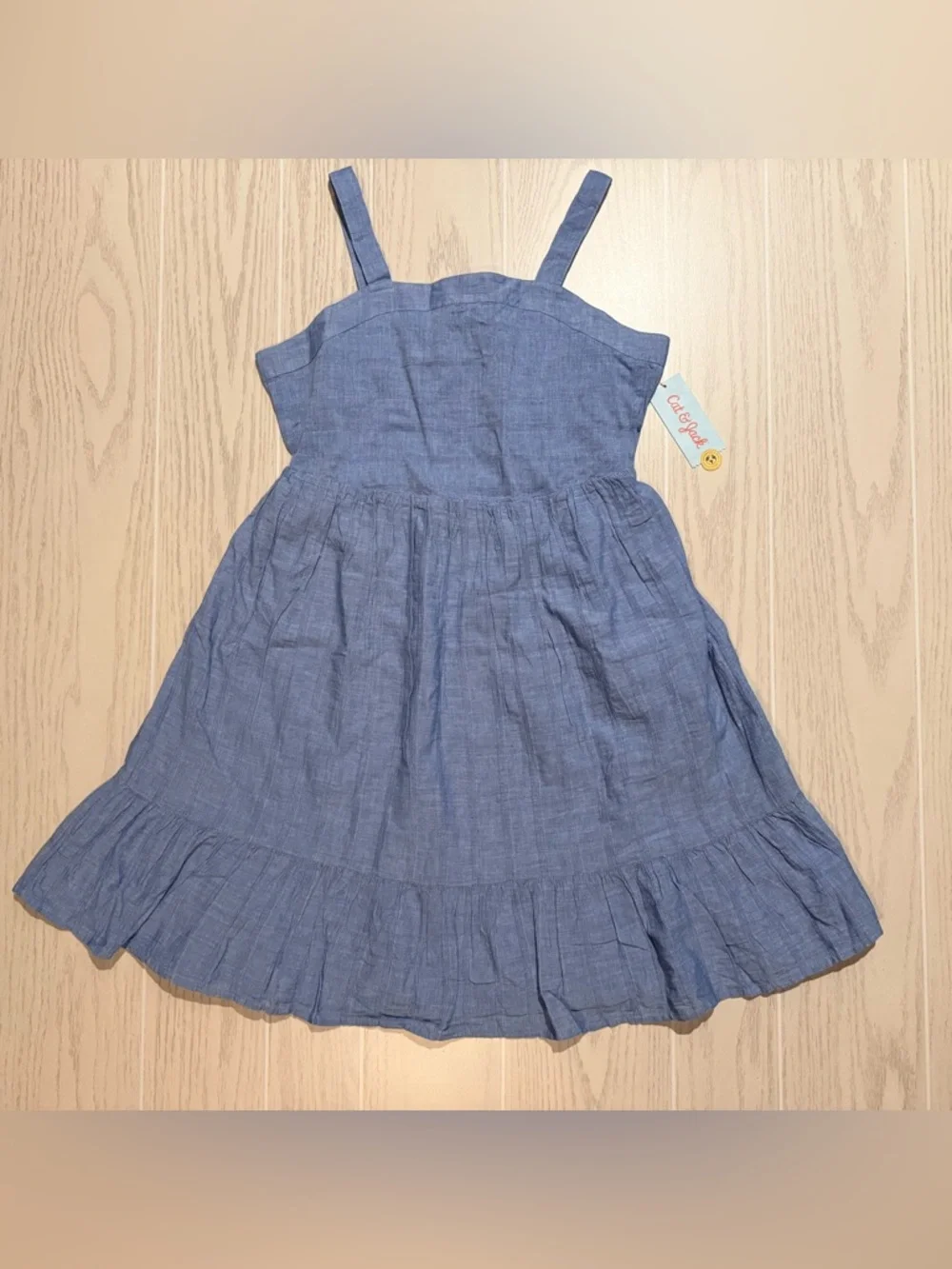 Cat‎ & Jack Blue Cotton Dress Girls XXL 18 Bow Back Ruffle Hem NWT